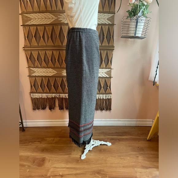 Vintage Black & Grey Wool Blend Embroidered Maxi Skirt With Fringe - Picture 3 of 11